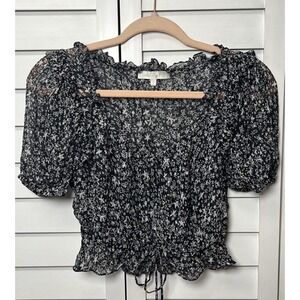 LoveShackFancy Scarlett Star Print 100% Silk Ruffle Peasant Top Size Small